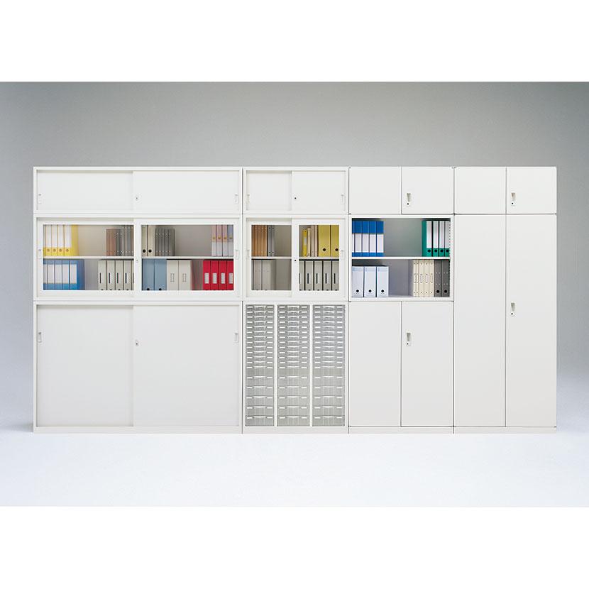 抗菌加工 国産 完成品 引戸スチール書庫(下置用アジャスター付き) ホワイト 幅880×奥行515×高さ1120mm オフィス キャビネット SIAAの画像