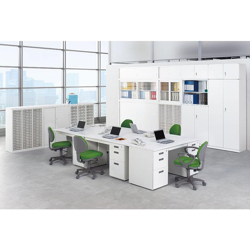 両開き書庫 スチールキャビネット 収納 本棚 鍵付き ホワイト 幅880