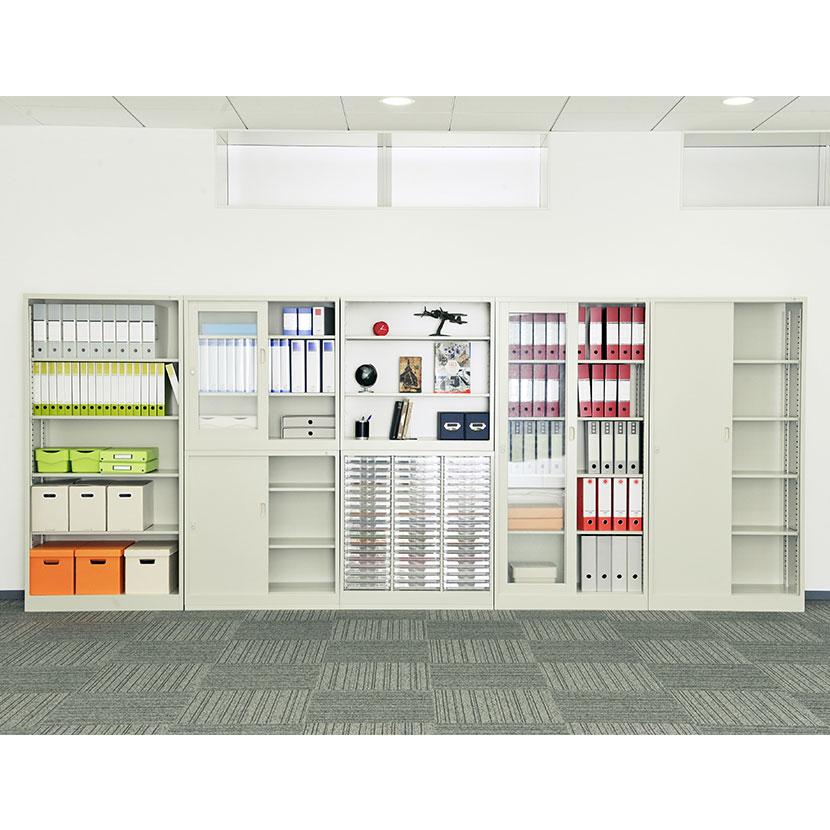 スチール書庫 上下組 引戸書庫+オープン書庫 鍵付き 抗菌加工 幅880 