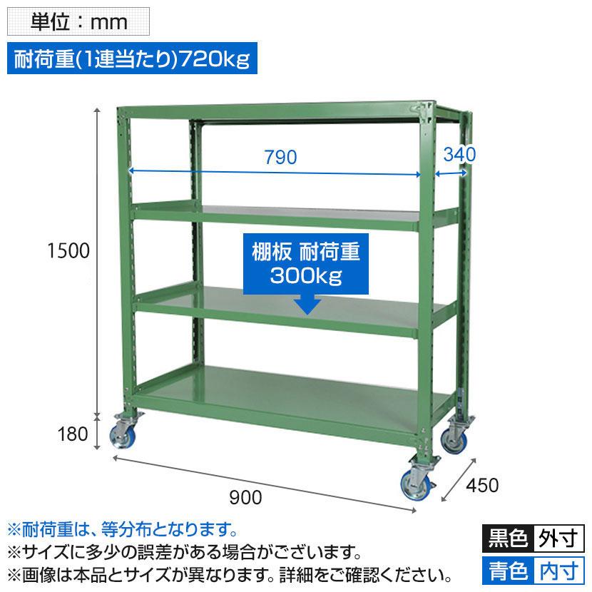 国産スチールラック 業務用 中量棚300kg 段 天地4段 ウレタンキャスター付き 収納棚 スチール棚 幅900×奥行450×高さ1500mm キャスター直径130×高さ180mm_10