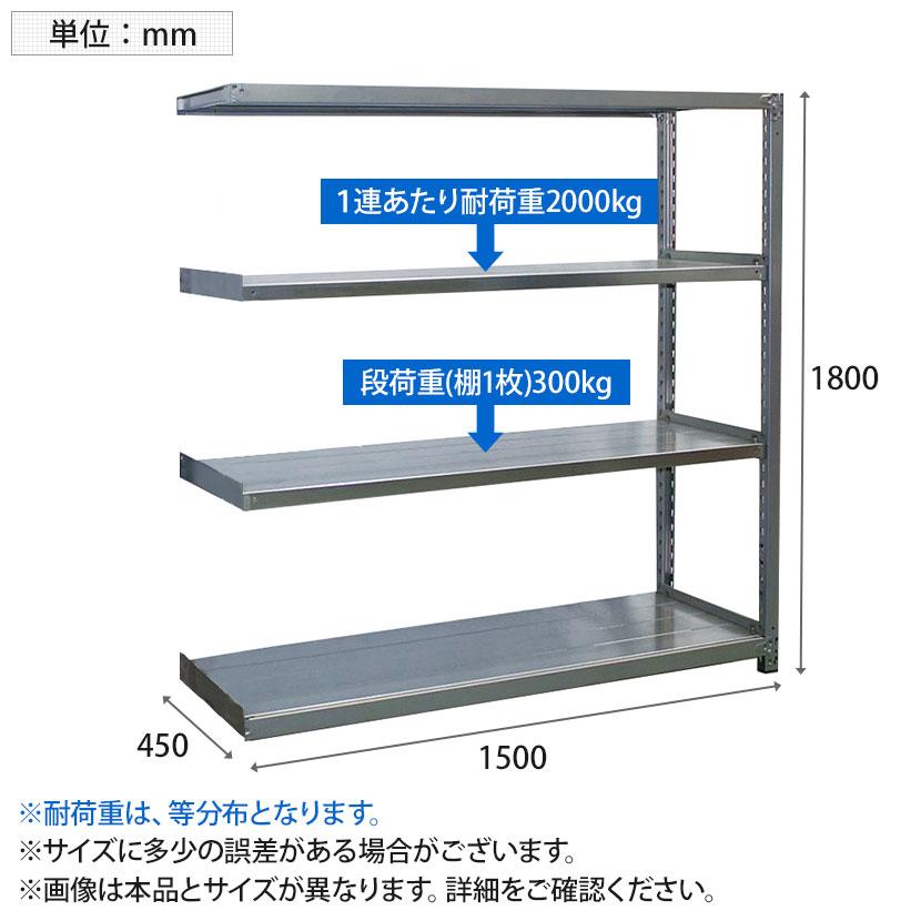 追加/増設用 国産 高耐食性めっき棚 中量300kg/段 増設 スチールラック 屋外ラック棚 錆に強い 長寿命 耐アルカリ性 幅1500×奥行450×高さ1800mm 天地4段の画像