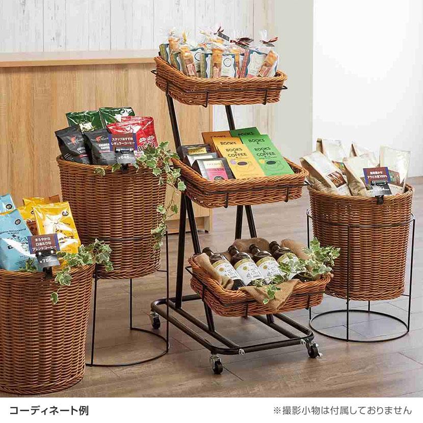 大型 籐製ディスプレイバスケット ②店舗什器 陳列台 マルシェ かご 希少サイズ PP製バスケット付き3段スタンド 角型 スクエア キャスター付き 業務用