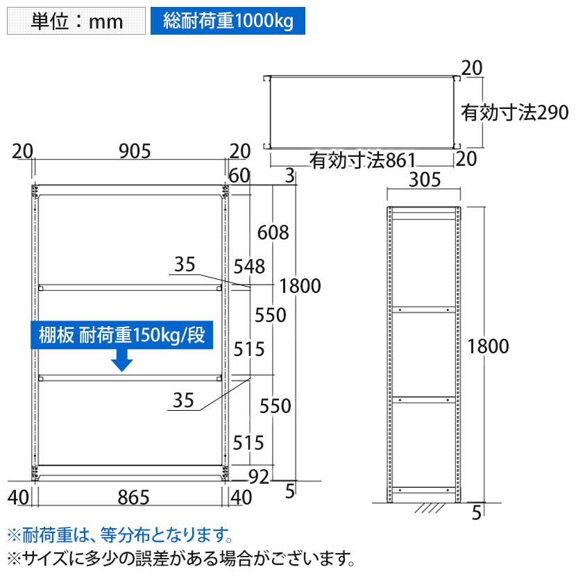 本体 TRUSCO M1.5型軽中量棚 幅860×奥行295×高さ1800mm 4段 単体 ネオグレー 506-6107_5