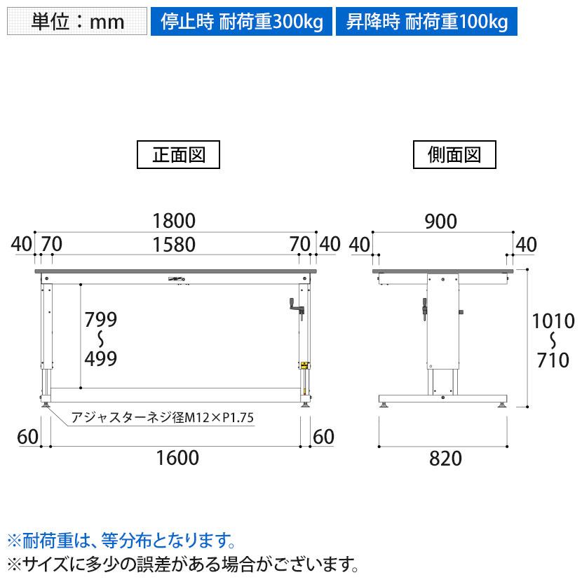 山金工業 軽量作業台 高さ調整 ハンドル昇降式 メラミン天板 耐荷重(停止時)300kg ワークテーブル 昇降タイプ 幅1800×奥行900×高さ715〜1015mm SSM-1890Aの画像