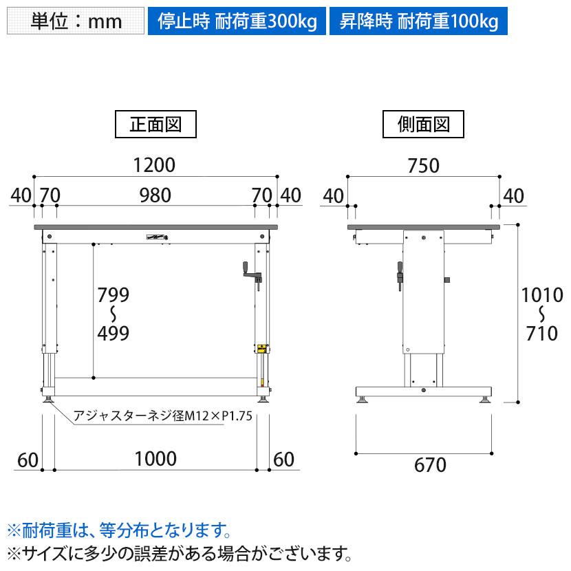 山金工業 軽量作業台 高さ調整 ハンドル昇降式 ポリエステル天板 耐荷重(停止時)300kg ワークテーブル 昇降タイプ 幅1200×奥行750×高さ715〜1015mm SSP-1275A_7