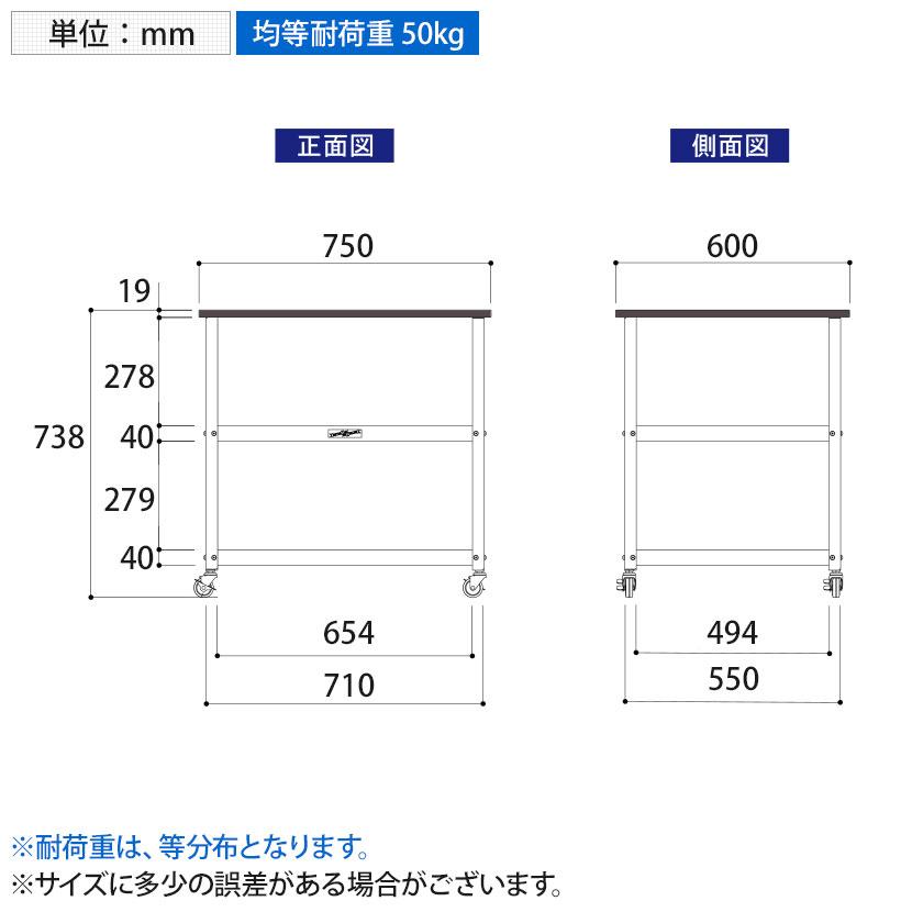 山金工業 天板付きワゴン 150ワゴン キャスター付き 棚板2段 低圧メラミン天板 ワークテーブル 150シリーズ 軽量作業台 HTC-7560W 幅750×奥行600×高さ738mmの画像