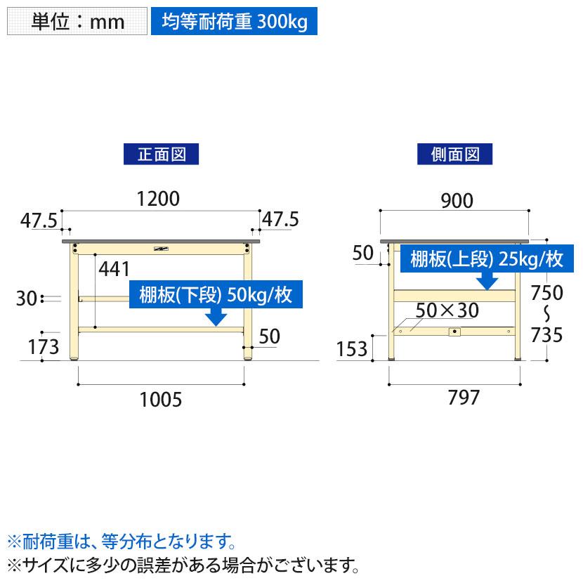 山金工業 軽量作業台 中間棚付き 半面棚付き 耐荷重300kg 塩ビシート天板 ワークテーブル 300シリーズ 幅1200×奥行900×高さ740mm SWR-1290TS1の画像