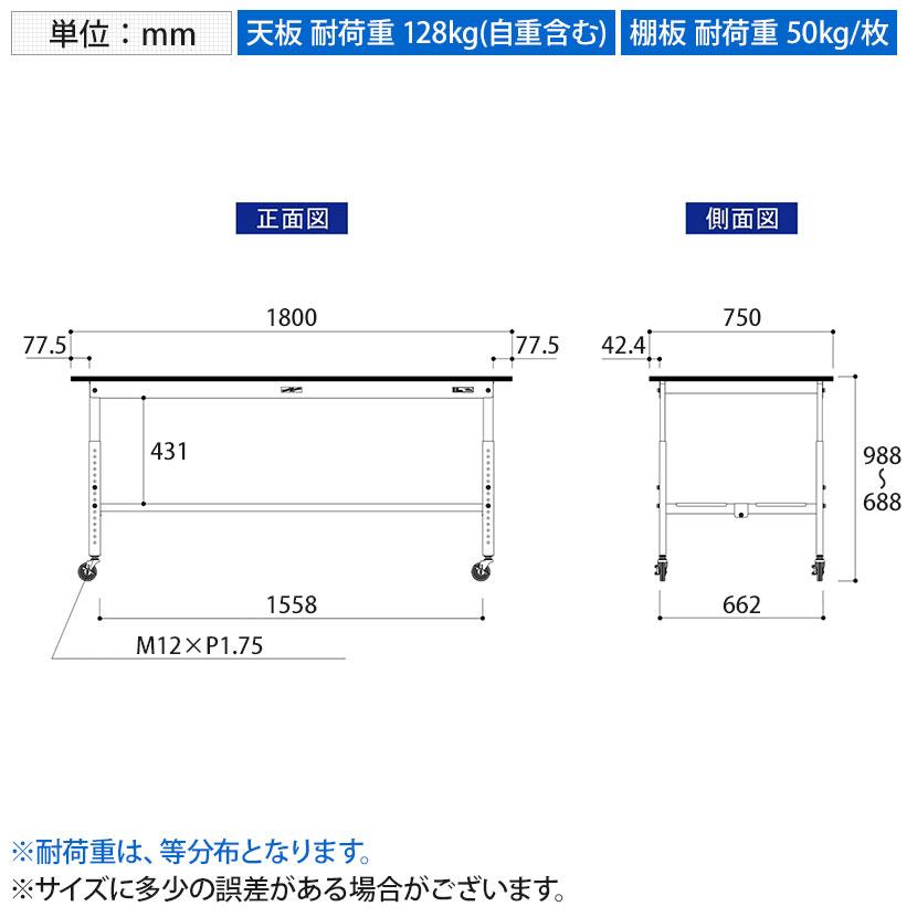 山金工業 軽量作業台 高さ調整 移動式 全面棚付き RoHS2対応塩ビシート天板 ワークテーブル 150シリーズ 幅1800×奥行750×高さ688〜988mm SURAC-1875TT-GYWの画像