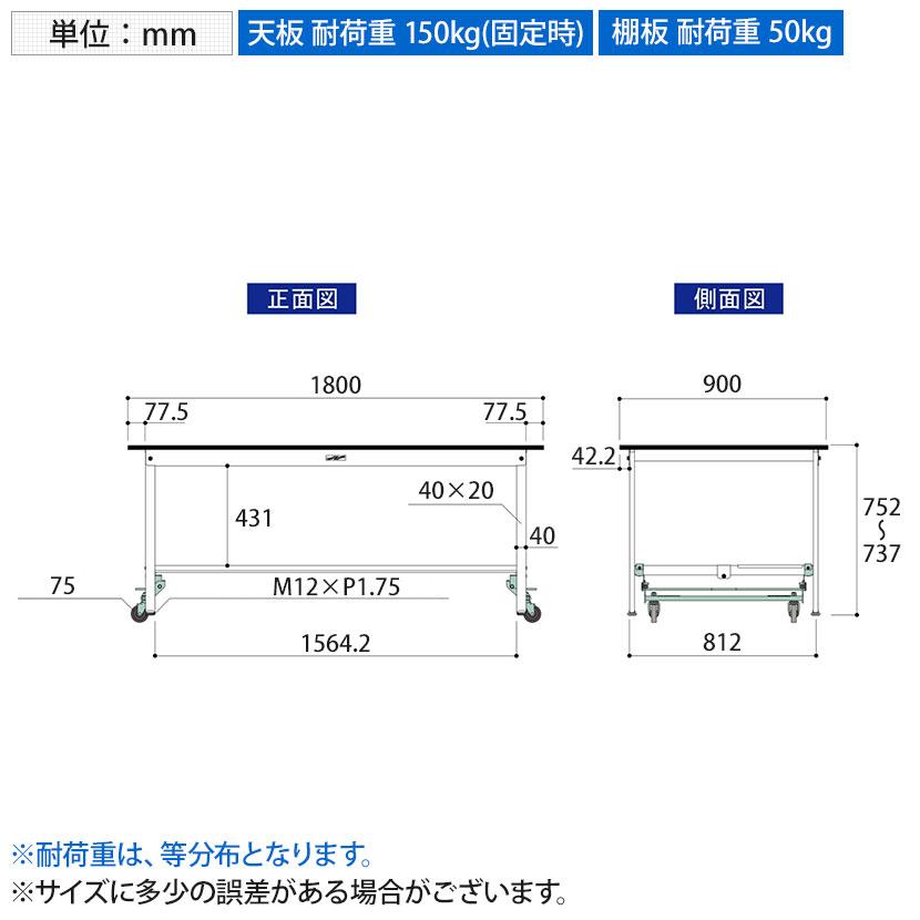 山金工業 軽量作業台 ワンタッチ移動式 半面棚付き RoHS2指令対応塩ビシート天板 ワークテーブル 150シリーズ 幅1800×奥行900×高さ740mm SURU-1890T-GYWの画像