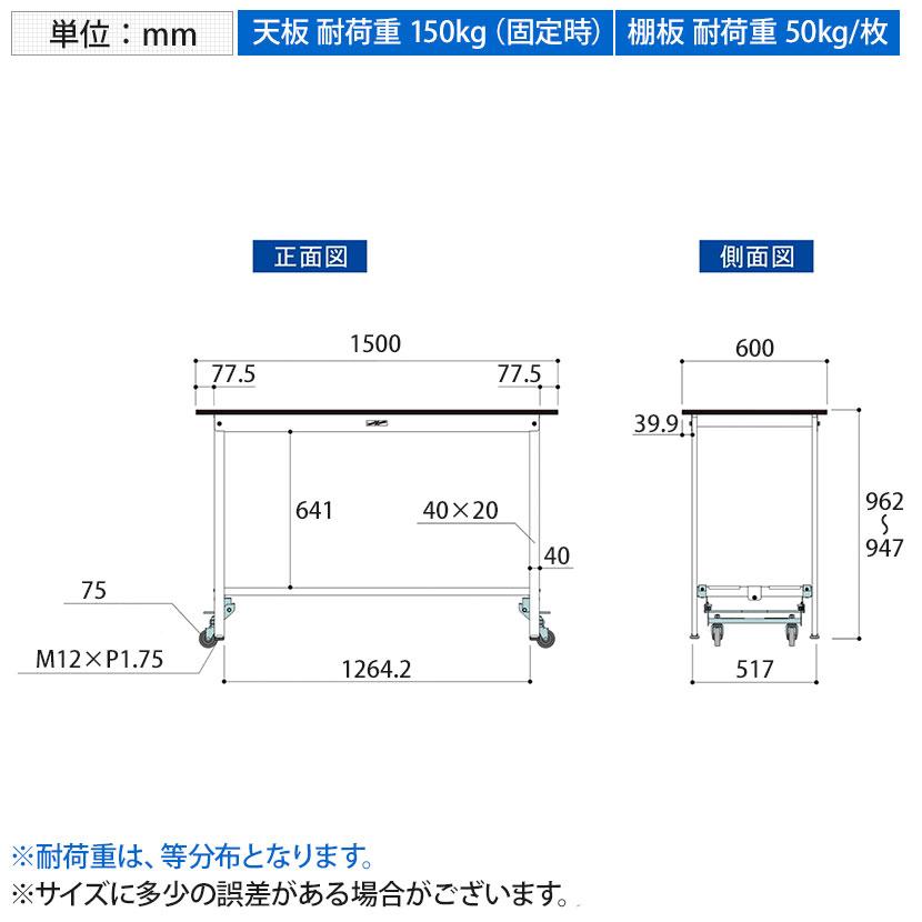 山金工業 軽量作業台 ワンタッチ移動式 全面棚付き RoHS2指令対応塩ビシート天板 ワークテーブル 150シリーズ 幅1500×奥行600×高さ950mm SURUH-1560TT-GYWの画像