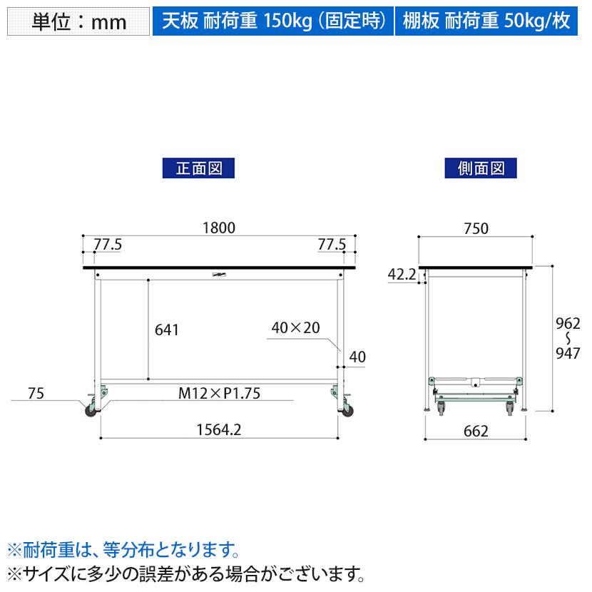 山金工業 軽量作業台 ワンタッチ移動式 全面棚付き RoHS2指令対応塩ビシート天板 ワークテーブル 150シリーズ 幅1800×奥行750×高さ950mm SURUH-1875TT-GYW_7