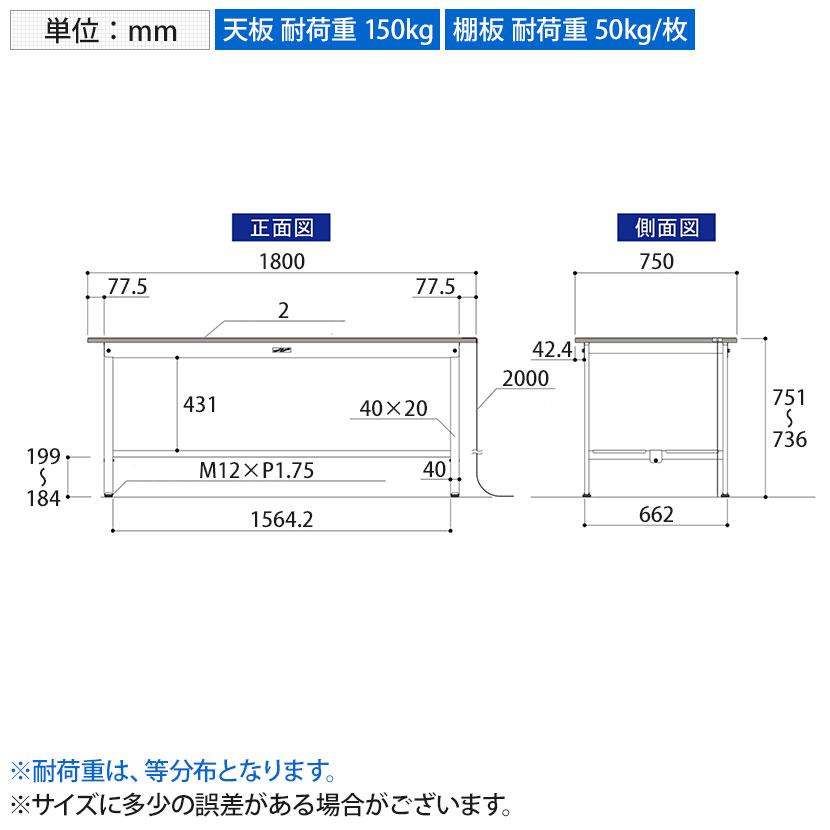 山金工業 軽量作業台 導電性ゴムマット貼り 全面棚付き 耐荷重150kg ワークテーブル 150シリーズ 幅1800×奥行750×高さ740mm SUPE-1875TT-WW_6