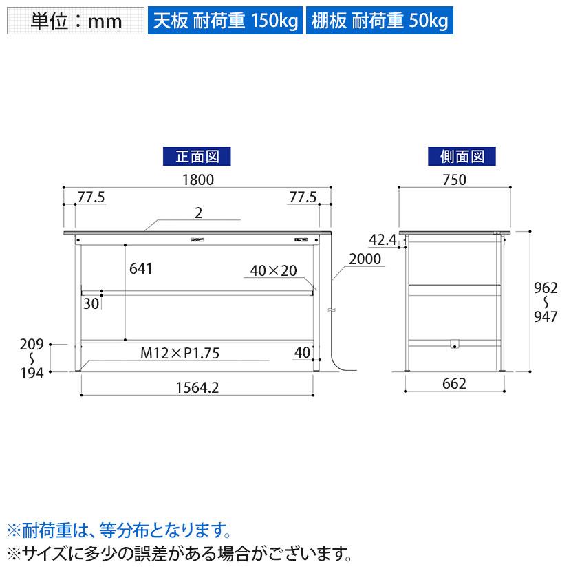 山金工業 軽量作業台 導電性ゴムマット貼り 中間棚付き 耐荷重150kg ワークテーブル 150シリーズ 幅1800×奥行750×高さ950mm SUPEH-1875F-WWの画像