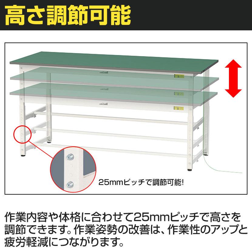 山金工業 軽量作業台 導電性ゴムマット貼り 高さ調整 全面棚付 耐荷重150kg ワークテーブル 150シリーズ 幅1800×奥行750×高さ900〜1200mm SUPEAH-1875TT-WWの画像