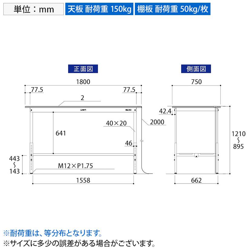 山金工業 軽量作業台 導電性ゴムマット貼り 高さ調整 全面棚付 耐荷重150kg ワークテーブル 150シリーズ 幅1800×奥行750×高さ900〜1200mm SUPEAH-1875TT-WWの画像