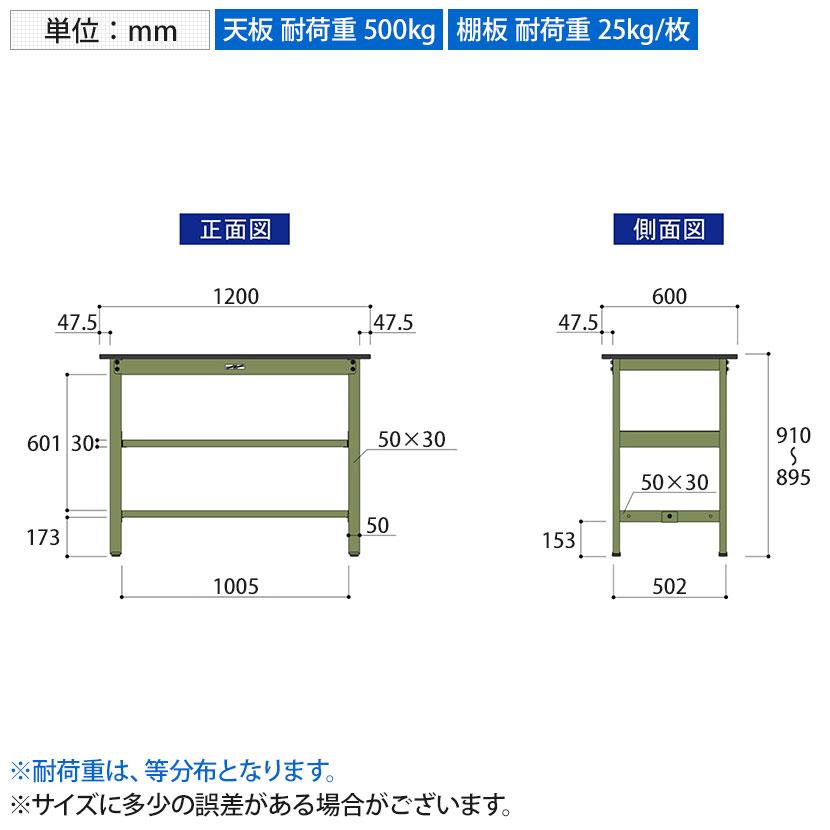 山金工業 中量作業台 中間棚付き 耐荷重500kg 塩ビシート天板 ワークテーブル500シリーズ 幅1200×奥行600×高さ900mm SJRH-1260S2の画像