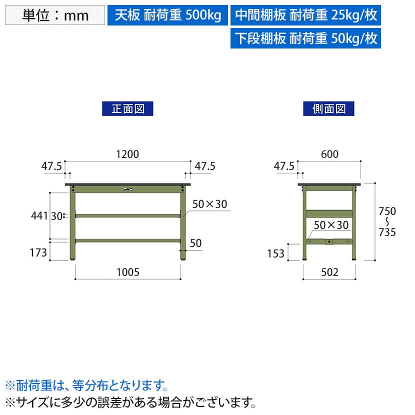 山金工業 中量作業台 中間棚付き 全面棚付き 耐荷重500kg 塩ビシート天板 ワークテーブル500シリーズ 幅1200×奥行600×高さ740mm SJR-1260TTS2 |  | 07