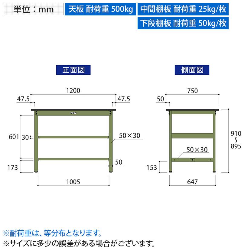 山金工業 中量作業台 中間棚付き 全面棚付き 耐荷重500kg 塩ビシート天板 ワークテーブル500シリーズ 幅1200×奥行750×高さ900mm SJRH-1275TTS2_7