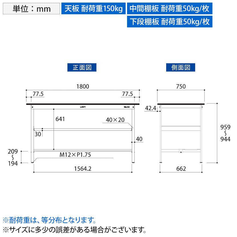山金工業 実験用 作業台 中間棚 半面棚付き 耐荷重150kg 高耐薬品性天板 黒 ワークテーブル LABシリーズ 実験台 SLKH-1875TF-BKW 幅1800×奥行750×高さ950mmの画像