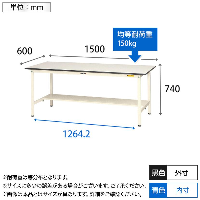 山金工業 軽量作業台 半面棚付き 耐荷重150kg 低圧メラミン天板 ワークテーブル 150シリーズ SUP-1560T-WW 幅1500×奥行600×高さ740mm_2