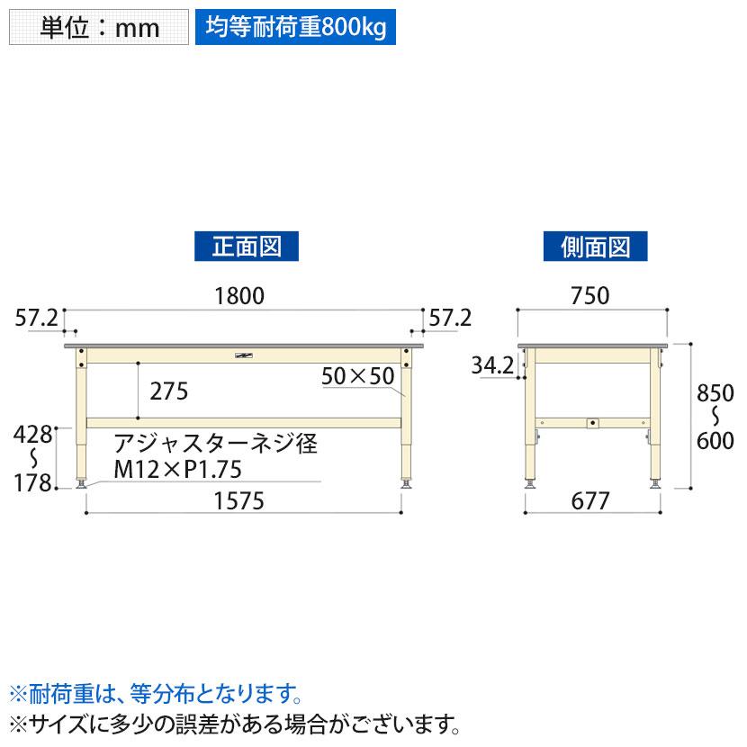 即納在庫有 山金工業 ワークテーブル800シリーズ 高さ調整タイプ 均等耐荷重800kg メラミン天板 SVMA-1875 幅1800×奥行750×高さ600〜850mm