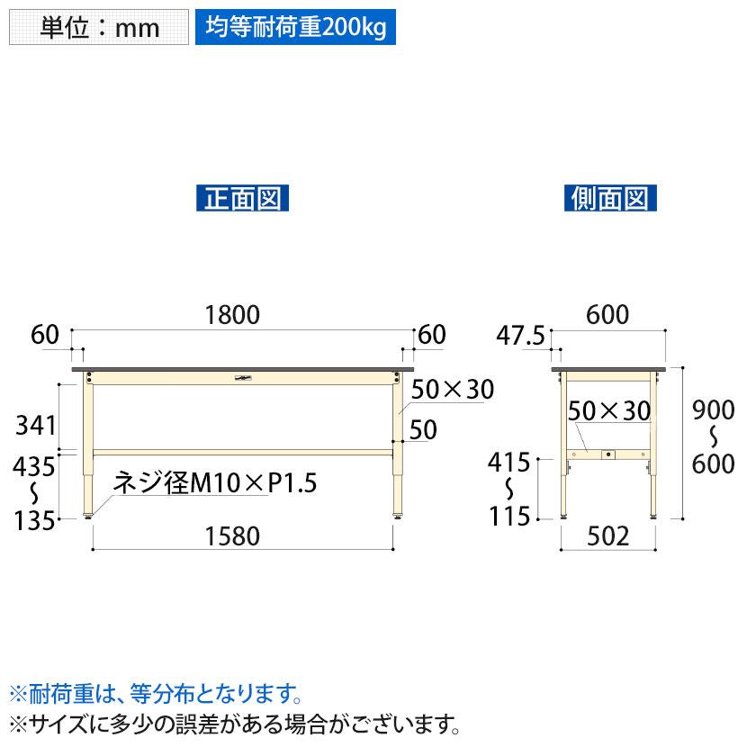 山金工業 軽量作業台 高さ調整 耐荷重200kg ポリエステル天板 ワークテーブル 300シリーズ SWPA-1860 幅1800×奥行600×高さ600〜900mmの画像