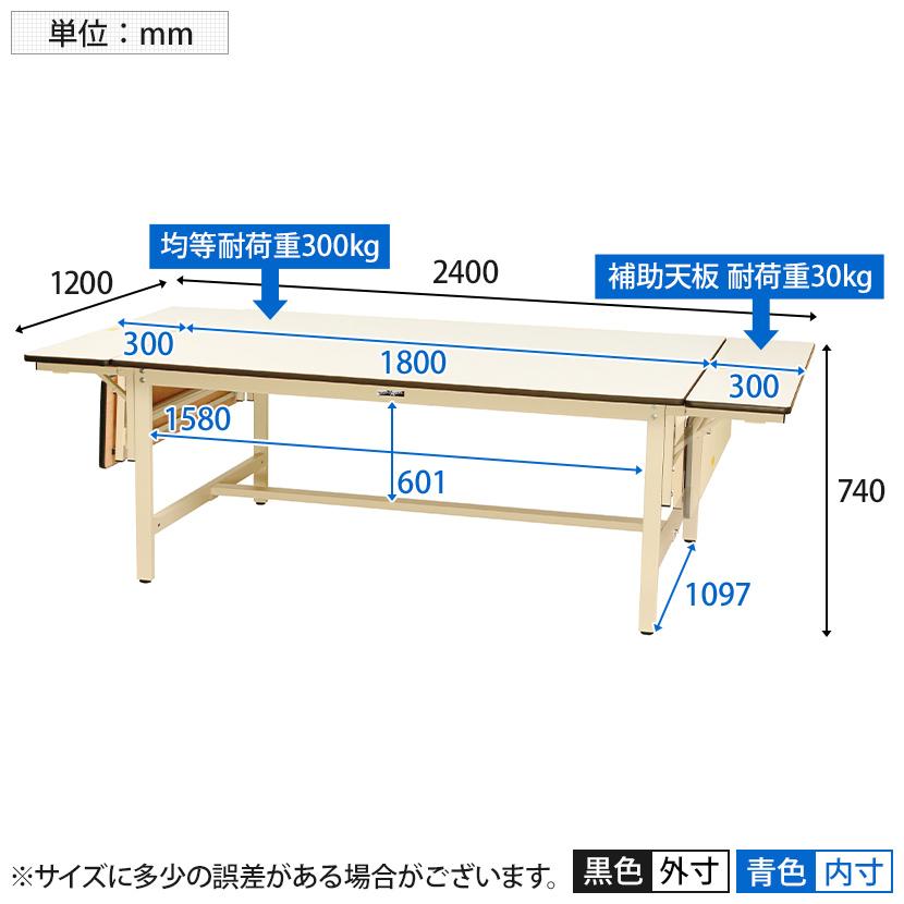 山金工業 大型作業台 補助天板付き 耐荷重300kg ポリエステル天板 ワークテーブル フラップタイプ SWPF-2412-II 幅2400× ...