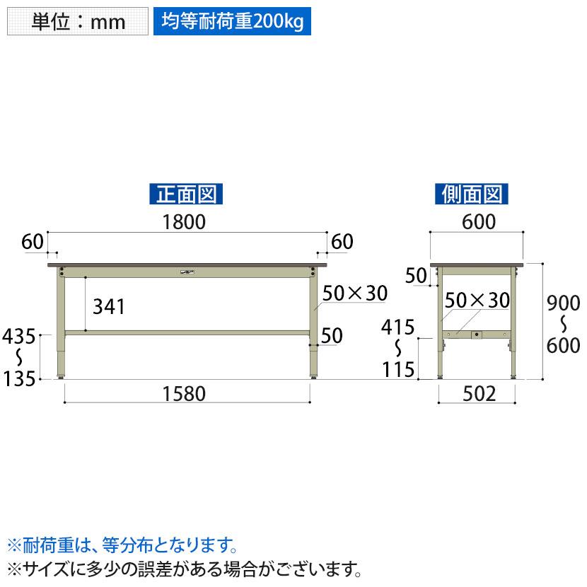 山金工業 軽量作業台 高さ調整 耐荷重200kg 塩ビシート天板 ワークテーブル 300シリーズ SWRA-1860 幅1800×奥行600×高さ600〜900mmの画像
