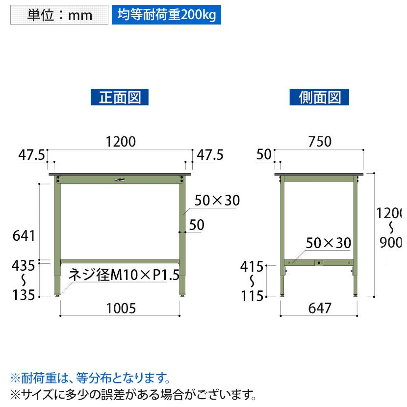 山金工業 軽量作業台 高さ調整 耐荷重200kg 塩ビシート天板 ワークテーブル 300シリーズ SWRAH-1275 幅1200×奥行750×高さ900〜1200mmの画像