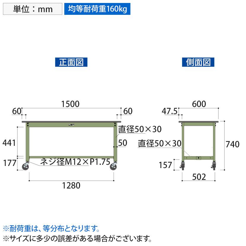 山金工業 軽量作業台 キャスター付き 全体耐荷重160kg 塩ビシート天板 ワークテーブル 300シリーズ 移動式 SWRC-1560 幅1500×奥行600×高さ740mmの画像