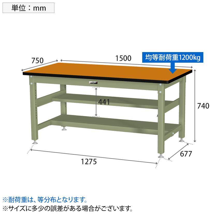 山金工業 中量作業台 中間棚付き 半面棚付き 耐荷重1200kg メラミン天板 ワークテーブル バイス専用タイプ SZMV-1575TS1 幅1500×奥行750×高さ740mm_4