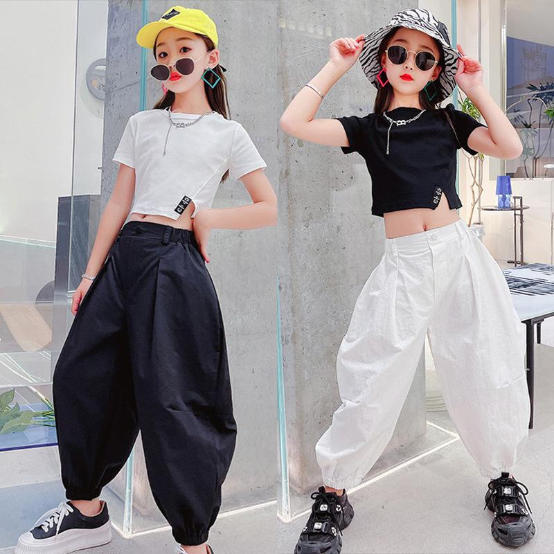 キッズダンス衣装 セットアップ Tシャツ ショット丈 白パンツ ヒップホップ 韓国 かっこいい 練習着 イベント へそ出し 発表会 チアガール 日本人気超絶の 白 黒 女の子