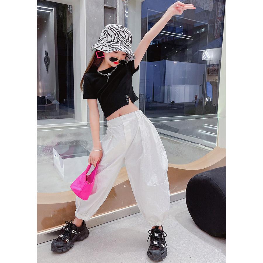 新作ウエア キッズダンス衣装 セットアップ Tシャツ ショット丈 白パンツ ヒップホップ 韓国 かっこいい 黒 白 へそ出し チアガール 女の子 発表会 練習着 イベント Babylonrooftop Com Au