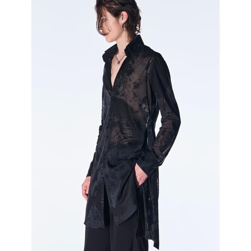 (予約品）9月末〜10月入荷予定/kiryuyrik・キリュウキリュウ/Opal Mesh Flare Shirt/Blackの画像