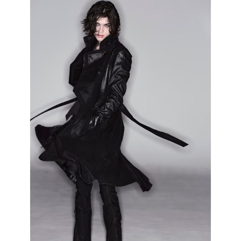 (予約品）11月末〜12月入荷予定/kiryuyrik・キリュウキリュウ/Cross Dot Fleece Long Napoleon Coat/Blackの画像
