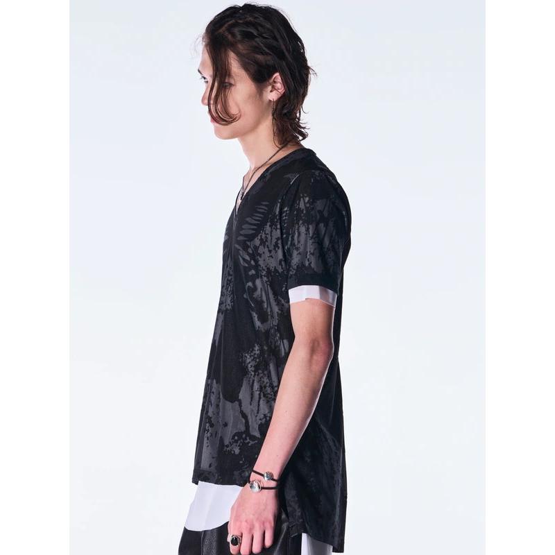 (予約品）8月末〜9月入荷予定/kiryuyrik・キリュウキリュウ/Opal Mesh Layered T-Shirt/BlackWhiteの画像