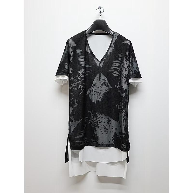 (予約品）8月末〜9月入荷予定/kiryuyrik・キリュウキリュウ/Opal Mesh Layered T-Shirt/BlackWhiteの画像