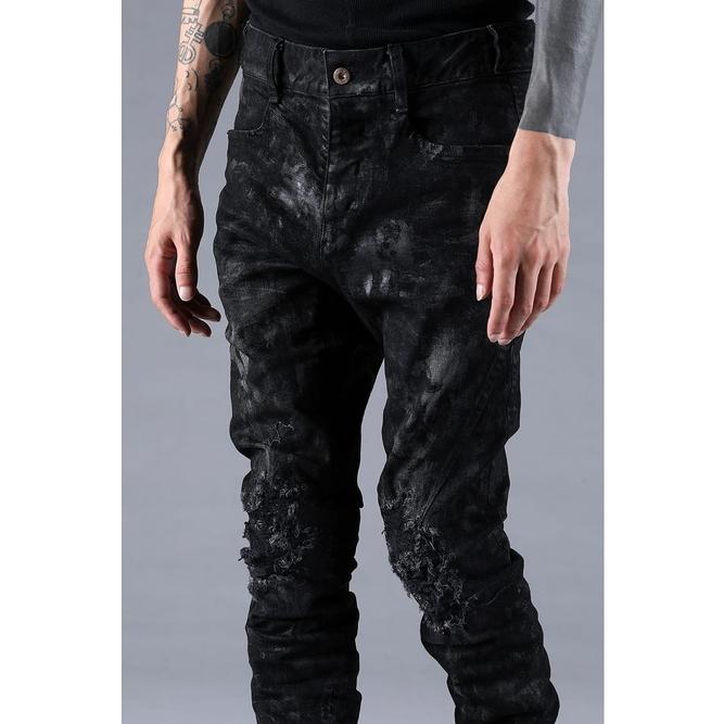 D.HYGEN・ディーハイゲン/製品ムラコーティングストレッチデニムダメージリペアストレートスリムパンツ/BLACKの画像