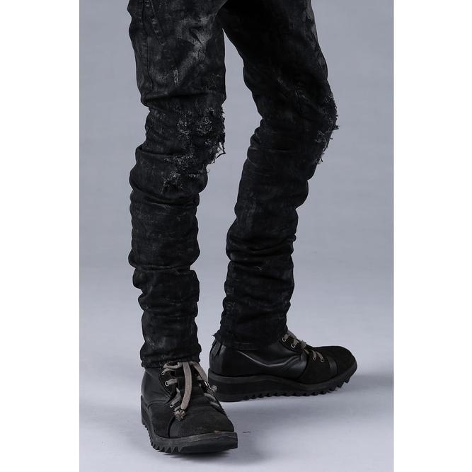 D.HYGEN・ディーハイゲン/製品ムラコーティングストレッチデニムダメージリペアストレートスリムパンツ/BLACKの画像