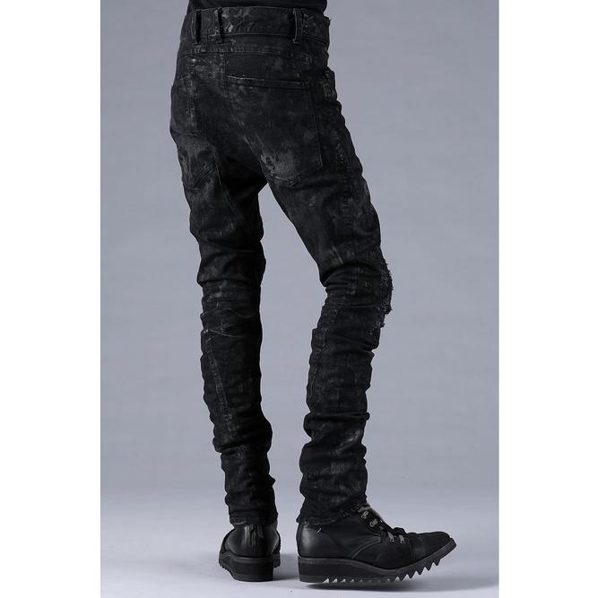 D.HYGEN・ディーハイゲン/製品ムラコーティングストレッチデニムダメージリペアストレートスリムパンツ/BLACKの画像