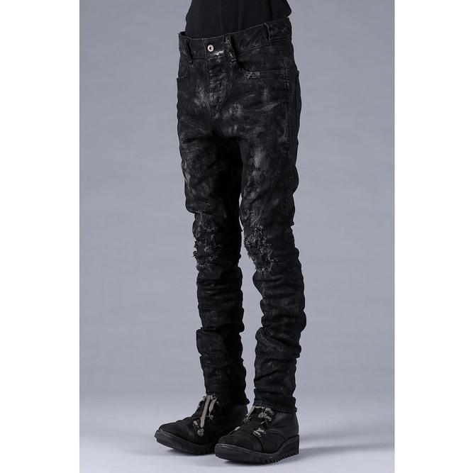D.HYGEN・ディーハイゲン/製品ムラコーティングストレッチデニムダメージリペアストレートスリムパンツ/BLACKの画像
