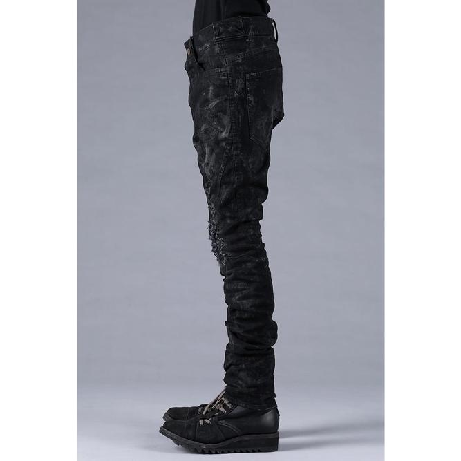 D.HYGEN・ディーハイゲン/製品ムラコーティングストレッチデニムダメージリペアストレートスリムパンツ/BLACKの画像