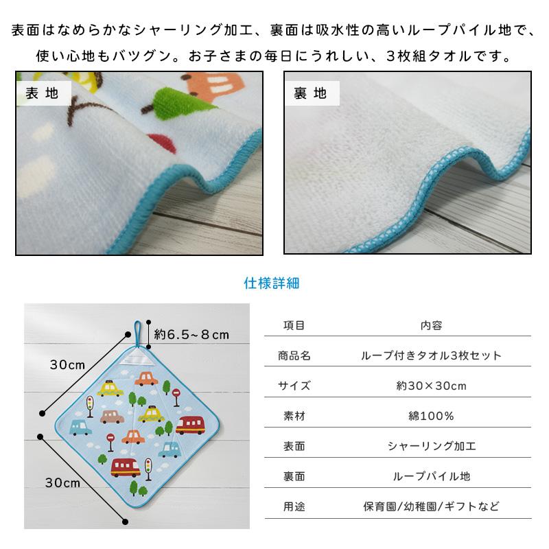 くるま きょうりゅう ループタオル 3枚セット 30×30cm 綿100