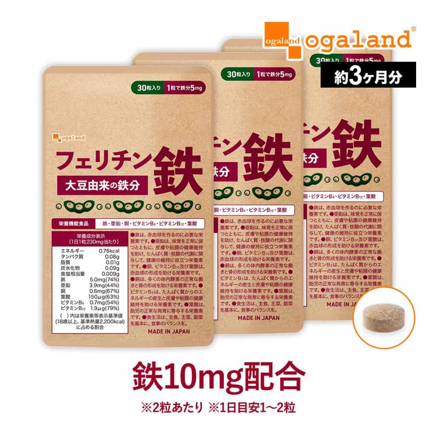 フェリチン鉄（約3ヶ月分）新発売 栄養機能食品 貯蔵鉄 鉄 不足 ミネラル ビタミン 大豆 由来 亜鉛 やさしい 美容 ダイエット サプリ ポイント利用 | ogaland