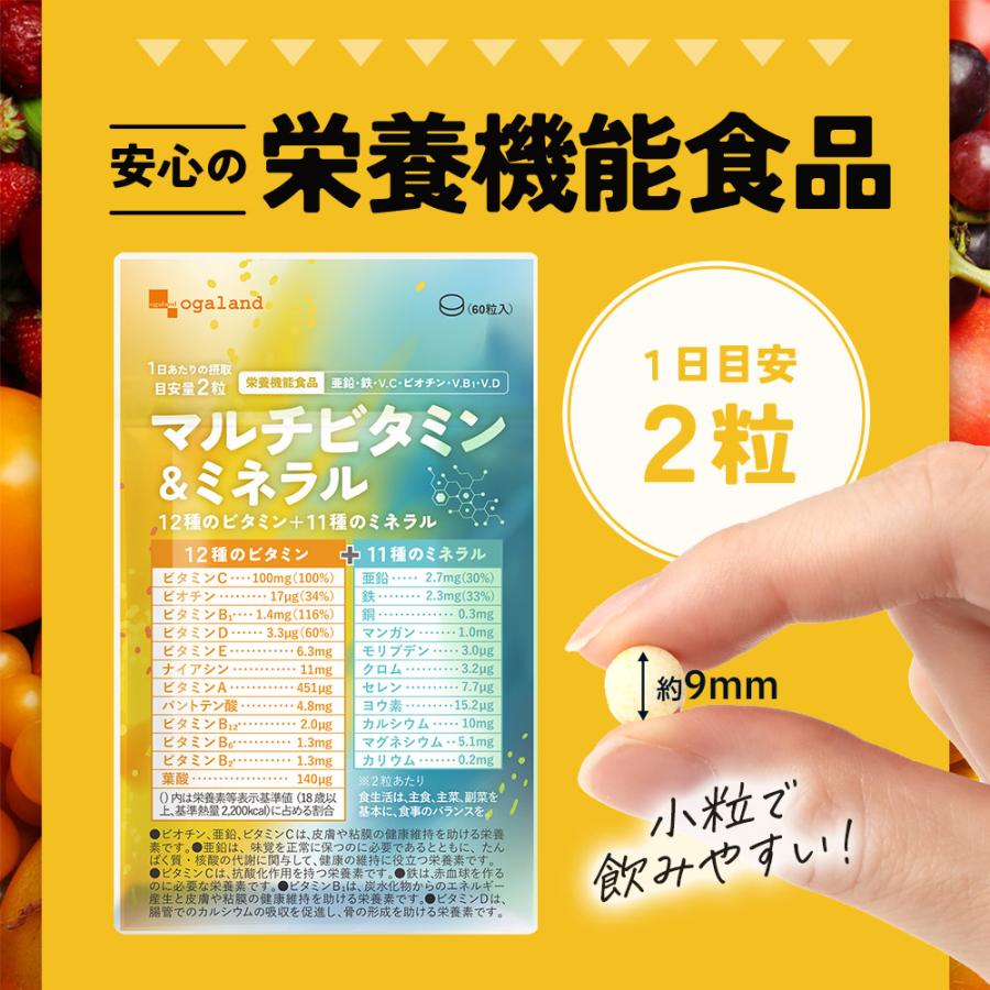 マルチビタミン ＆ ミネラル （約1ヶ月分）ビタミンc ビタミンd サプリメント ビタミンe ビタミンb 亜鉛 鉄 栄養機能食品 カルシウム 葉酸 サプリ ビタミン12種 | ogaland | 09