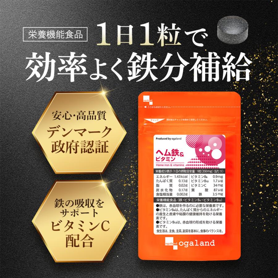 ヘム鉄＆ビタミン（約1ヶ月分）鉄分サプリ サプリメント ミネラル 葉酸 ビタミンC 必須栄養素 栄養機能食品 中学生 高校性 アスリート 30日分 ポイント利用 | ogaland | 01