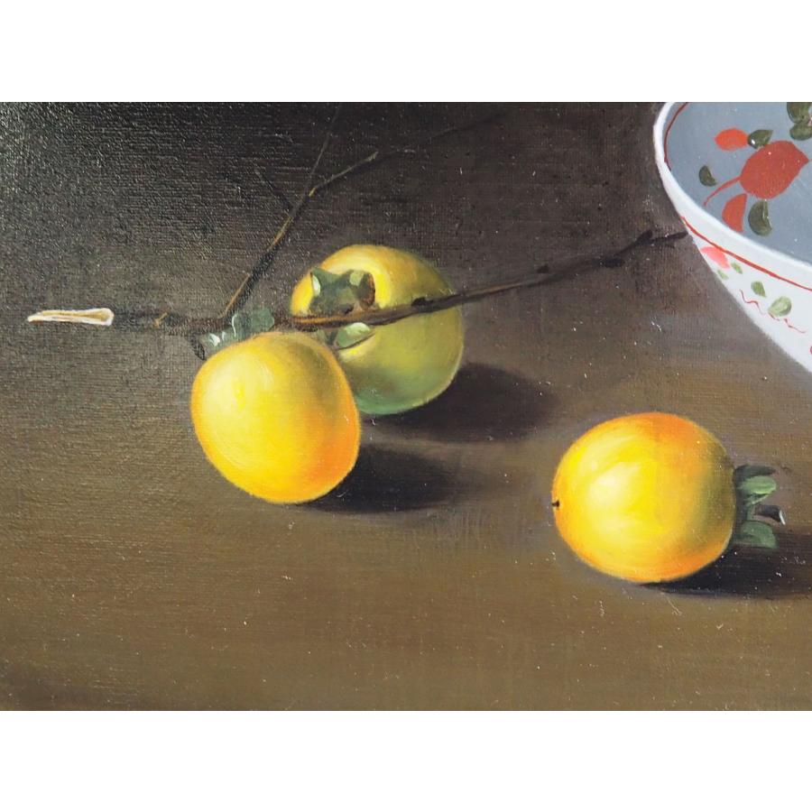 真作】 九鬼三郎 絵画 ≪器に柿≫ ○リアリズム 静物画 ◇古陶に花