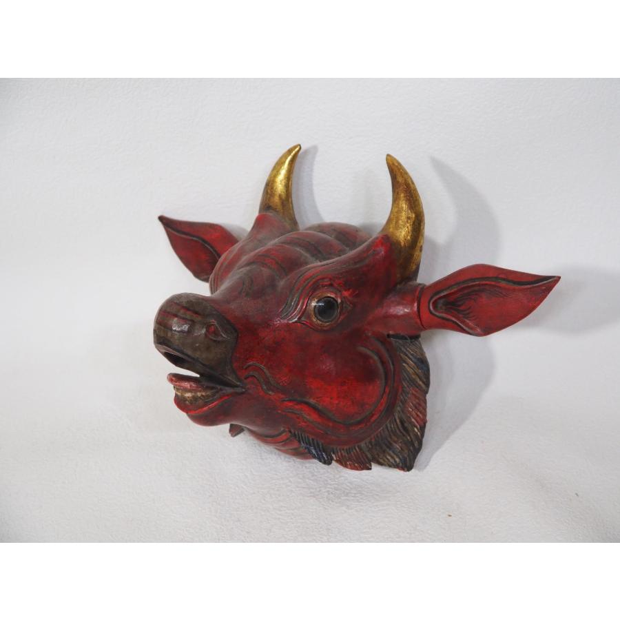 赤牛頭 骨董品 【面】 ≪ 牛頭 ≫ ○木製彫刻 牛頭大王 彩色 ◇リアル