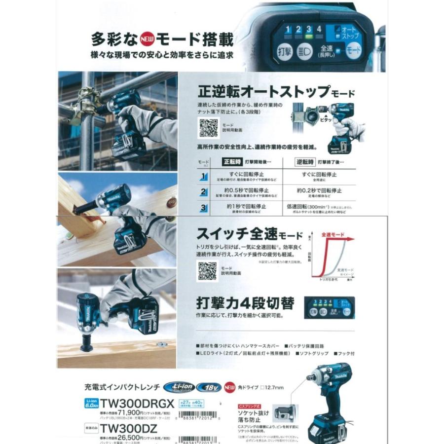 マキタ 充電式インパクトレンチ TW300DRGX バッテリ、充電器