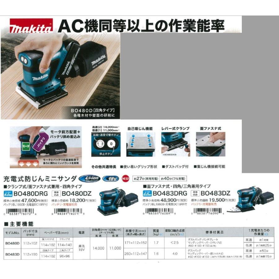 マキタ マキタ 充電式防じんミニサンダ BO480DRG バッテリ、充電 マキタ マキタ 充電式防じんミニサンダ BO480DRG バッテリ、充電